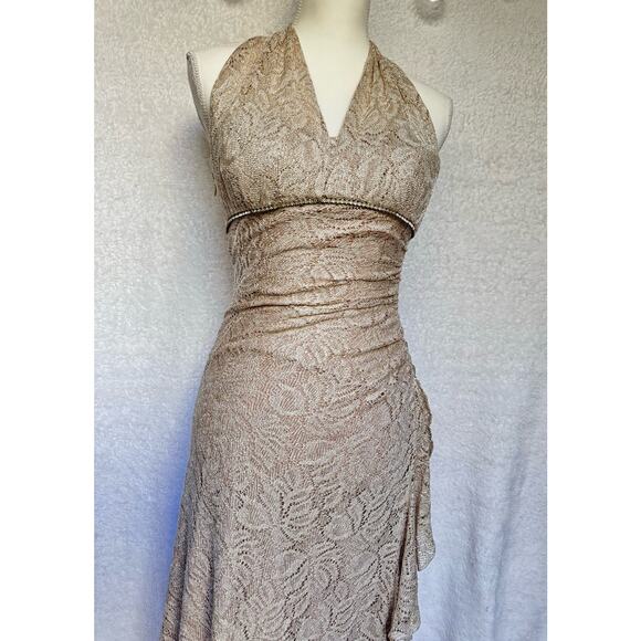 Vintage 90's Cach'e Gold Sparkly Halter Side Ruffle Maxi Dress Women's Small 4 - Picture 5 of 13